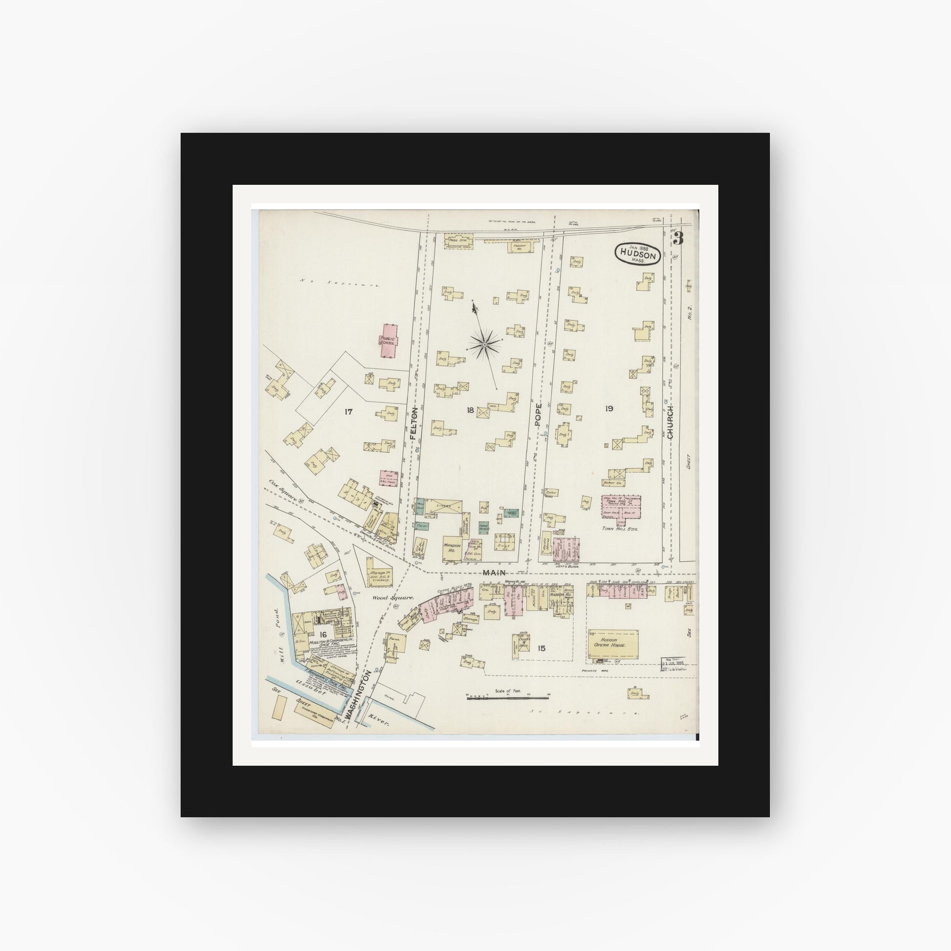 Old map wall art mockup — black gallery frame with white mat — Sanborn Fire Insurance Map from Hudson, Middlesex County, Massachusetts (1888), Sheet #0003