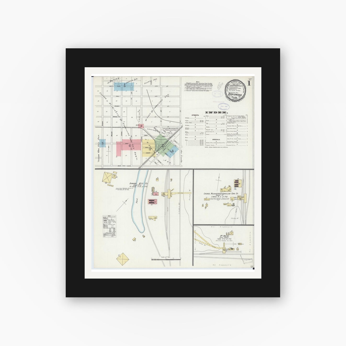 Old map wall art mockup — black gallery frame with white mat — Sanborn Fire Insurance Map from Braidwood, Will County, Illinois (1898), Sheet #0001