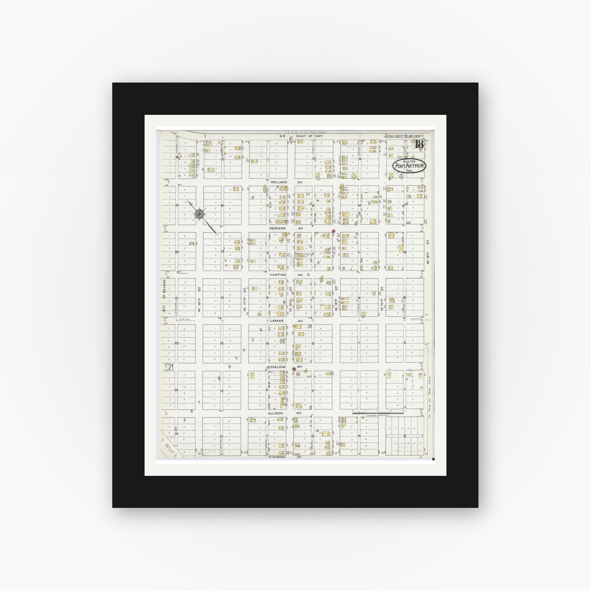 Old map wall art mockup — black gallery frame with white mat — Sanborn Fire Insurance Map from Port Arthur, Jefferson County, Texas (1918), Sheet #0018