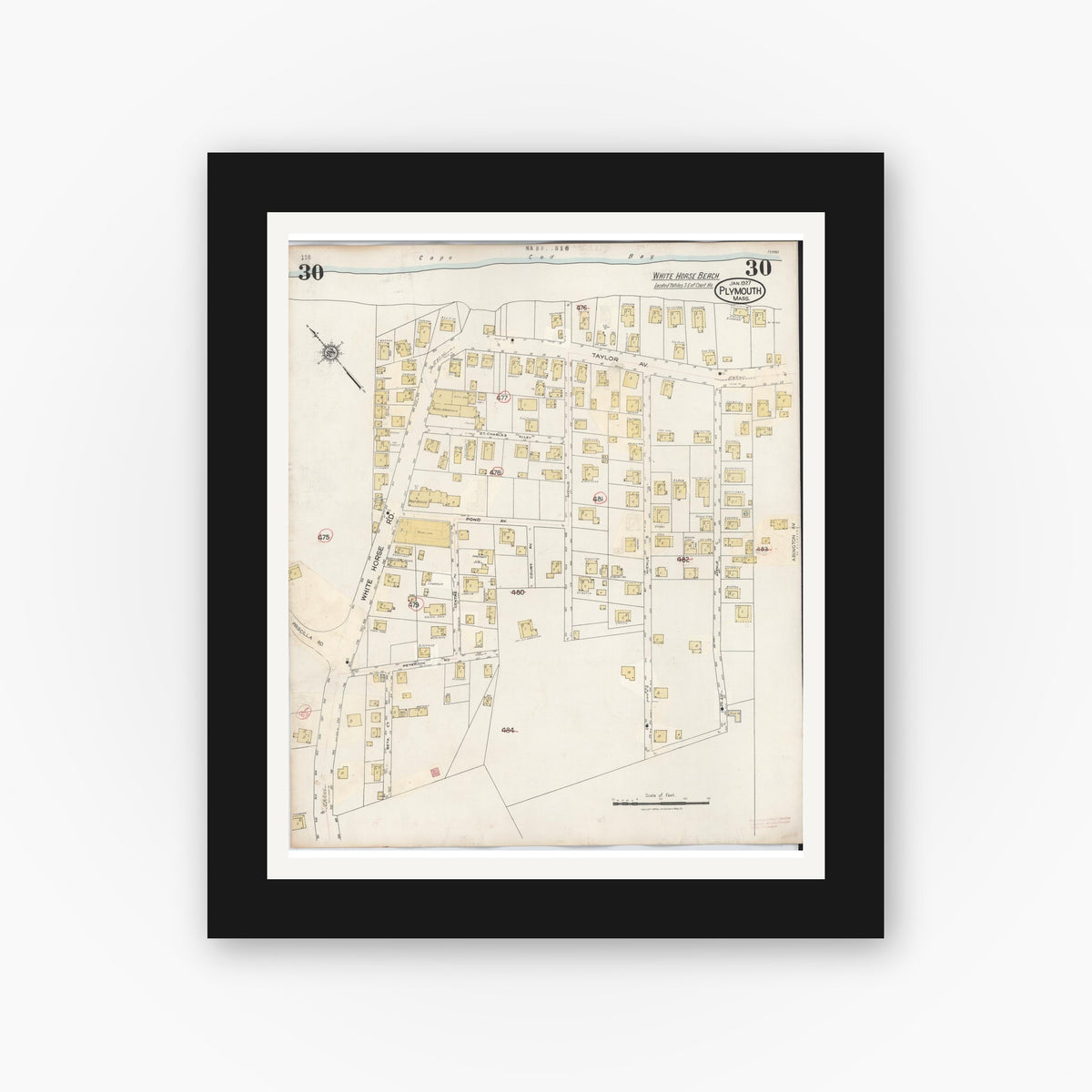Old map wall art mockup — black gallery frame with white mat — Sanborn Fire Insurance Map from Plymouth, Plymouth County, Massachusetts (1948), Sheet #0030