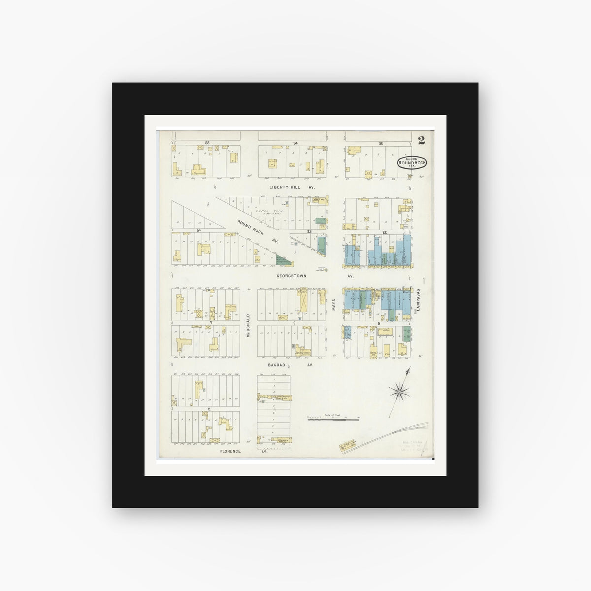 Old map wall art mockup — black gallery frame with white mat — Sanborn Fire Insurance Map from Round Rock, Williamson County, Texas (1896), Sheet #0002