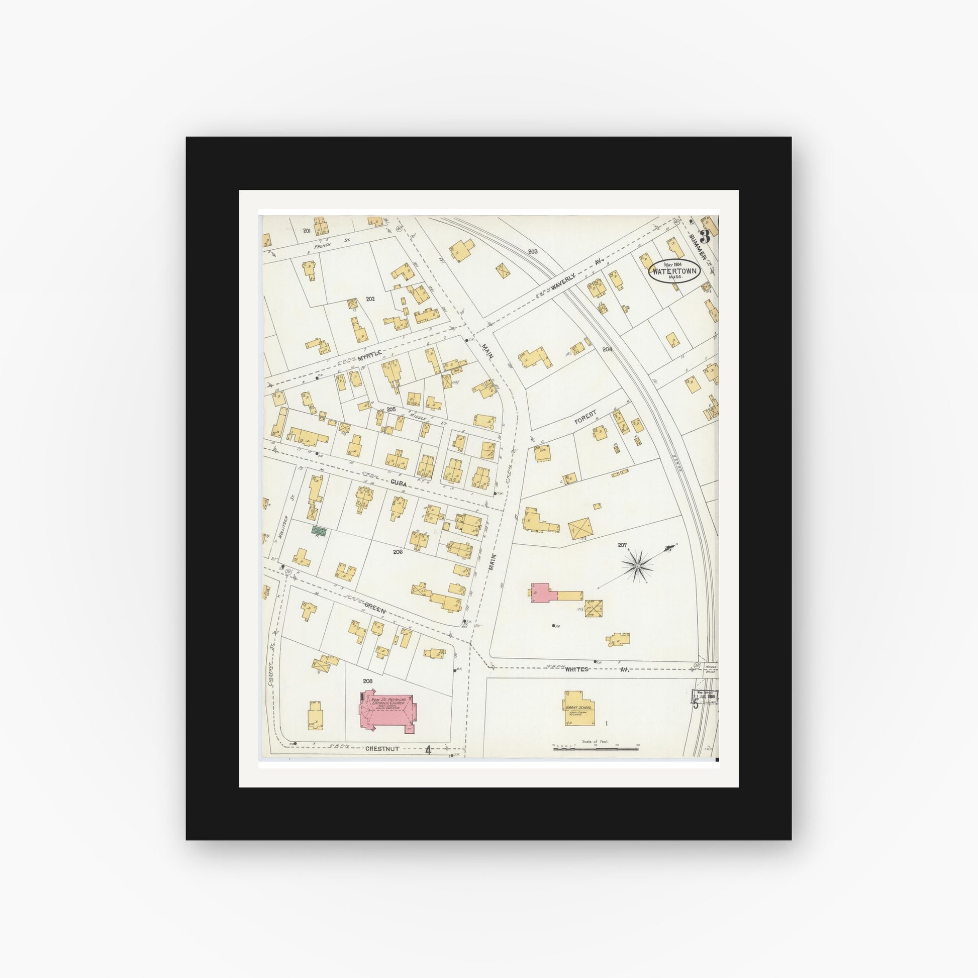 Old map wall art mockup — black gallery frame with white mat — Sanborn Fire Insurance Map from Watertown, Middlesex County, Massachusetts (1904), Sheet #0003