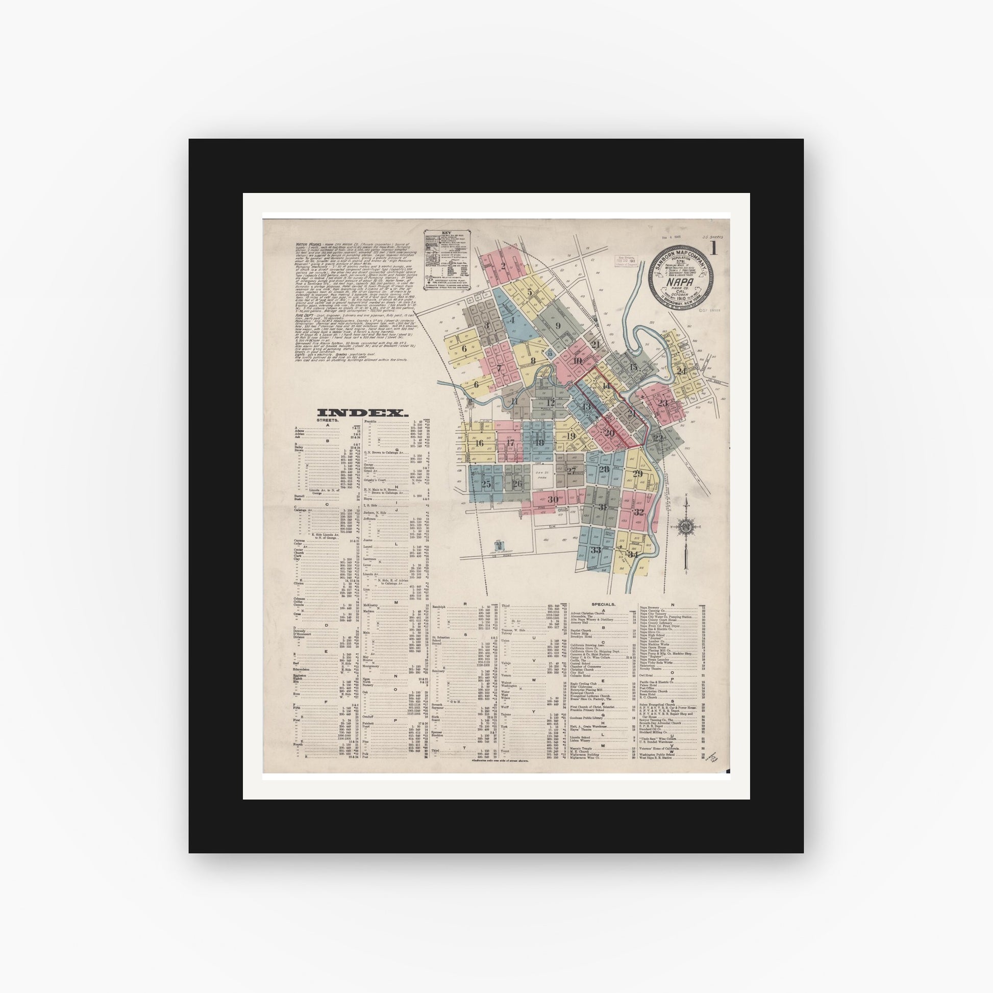 Old map wall art mockup — black gallery frame with white mat — Sanborn Fire Insurance Map from Napa, Napa County, California (1910) - Complete Map Set