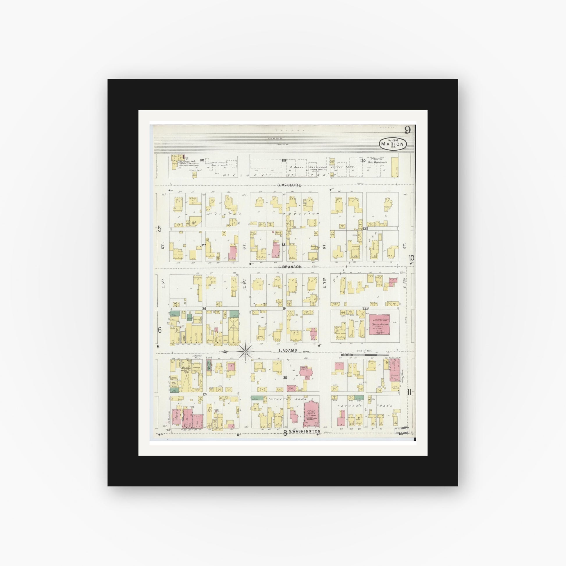Old map wall art mockup — black gallery frame with white mat — Sanborn Fire Insurance Map from Marion, Grant County, Indiana (1896), Sheet #0009