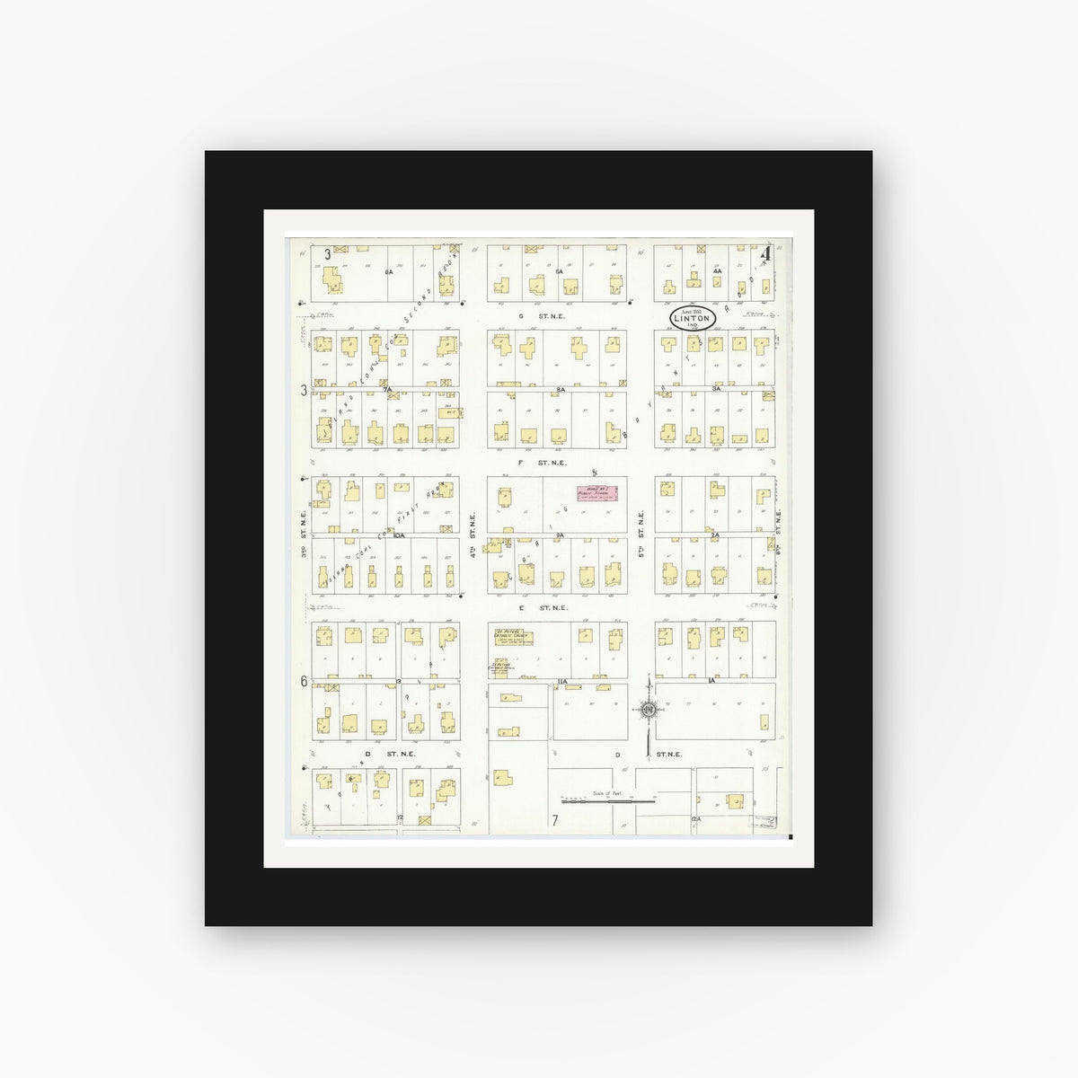 Old map wall art mockup — black gallery frame with white mat — Sanborn Fire Insurance Map from Linton, Greene County, Indiana (1910), Sheet #0004