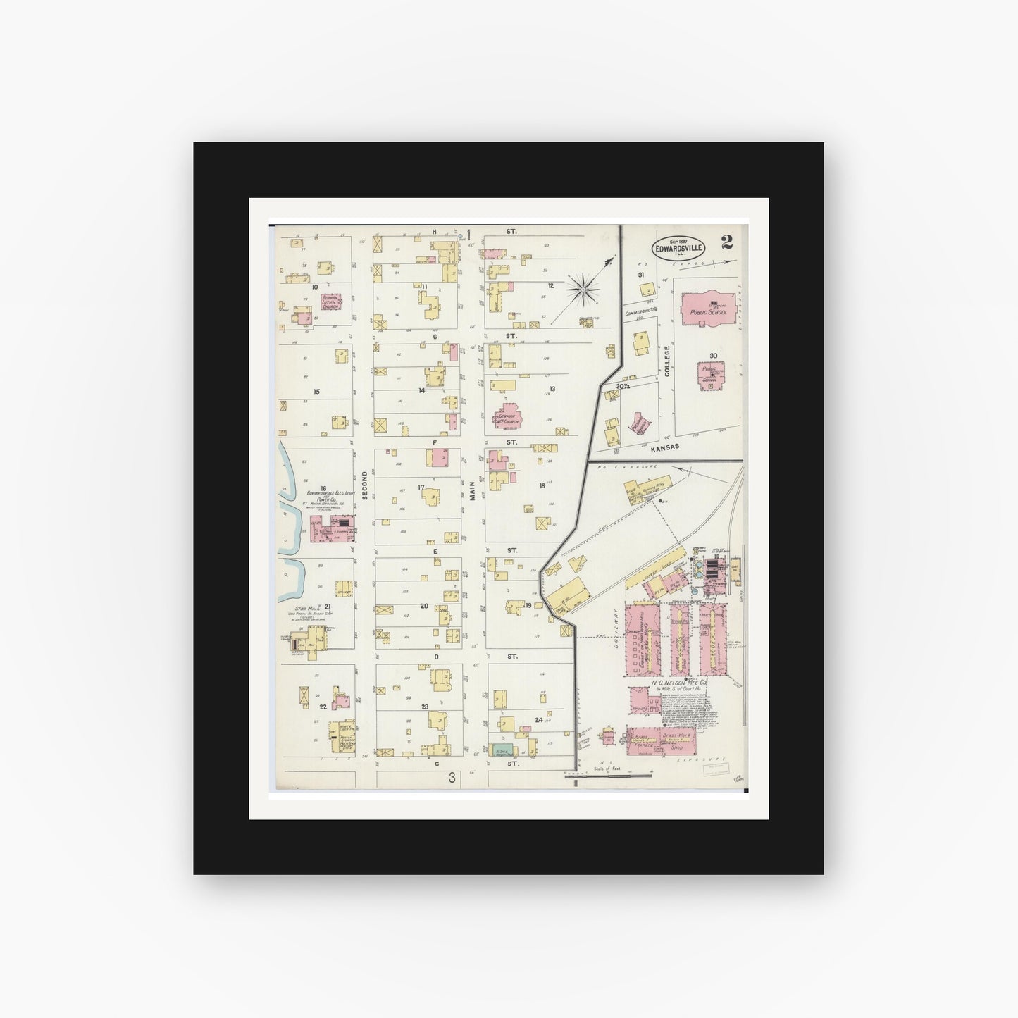 Old map wall art mockup — black gallery frame with white mat — Sanborn Fire Insurance Map from Edwardsville, Madison County, Illinois (1897), Sheet #0002
