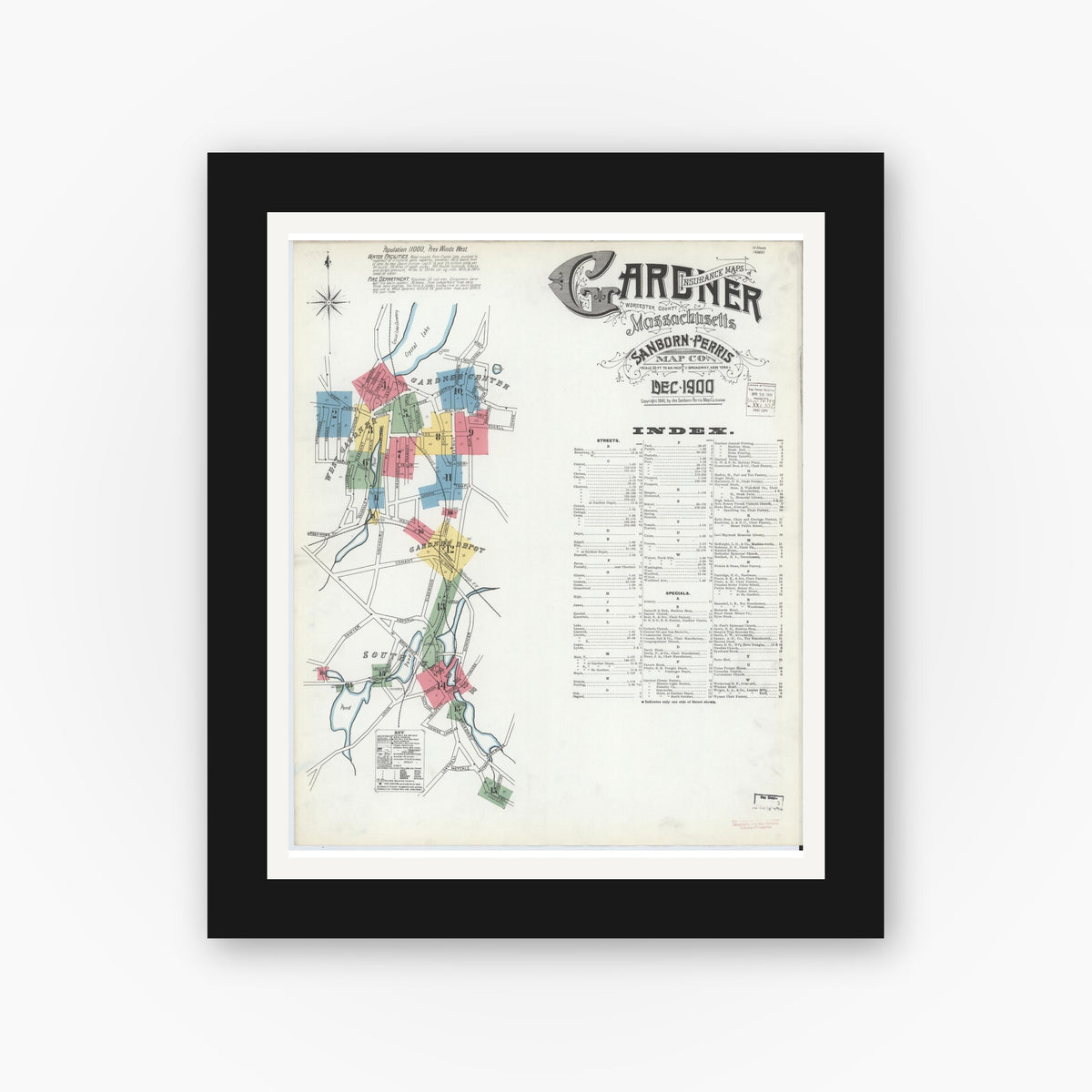 Old map wall art mockup — black gallery frame with white mat — Sanborn Fire Insurance Map from Gardner, Worcester County, Massachusetts (1900) - Complete Map Set