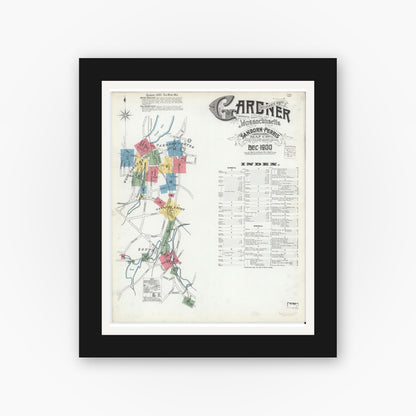 Old map wall art mockup — black gallery frame with white mat — Sanborn Fire Insurance Map from Gardner, Worcester County, Massachusetts (1900) - Complete Map Set