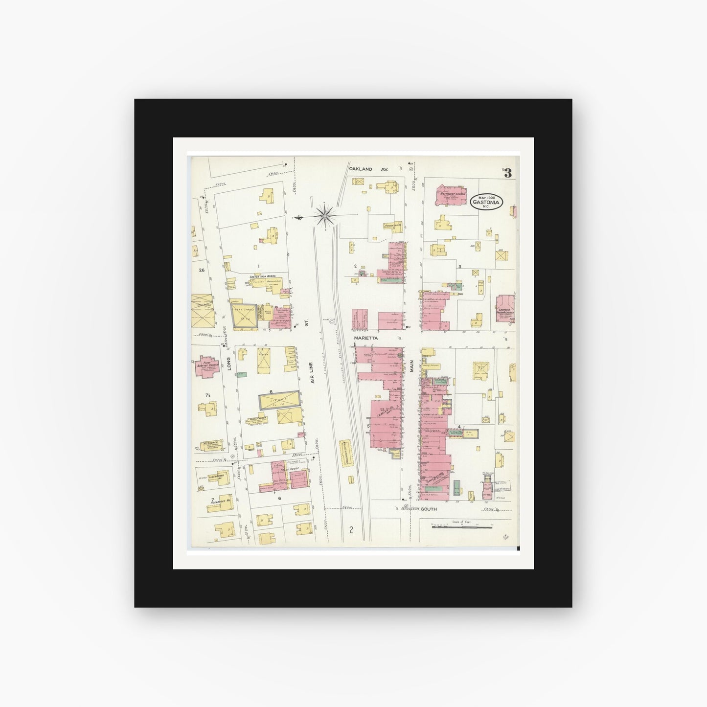 Old map wall art mockup — black gallery frame with white mat — Sanborn Fire Insurance Map from Gastonia, Gaston County, North Carolina (1908), Sheet #0003