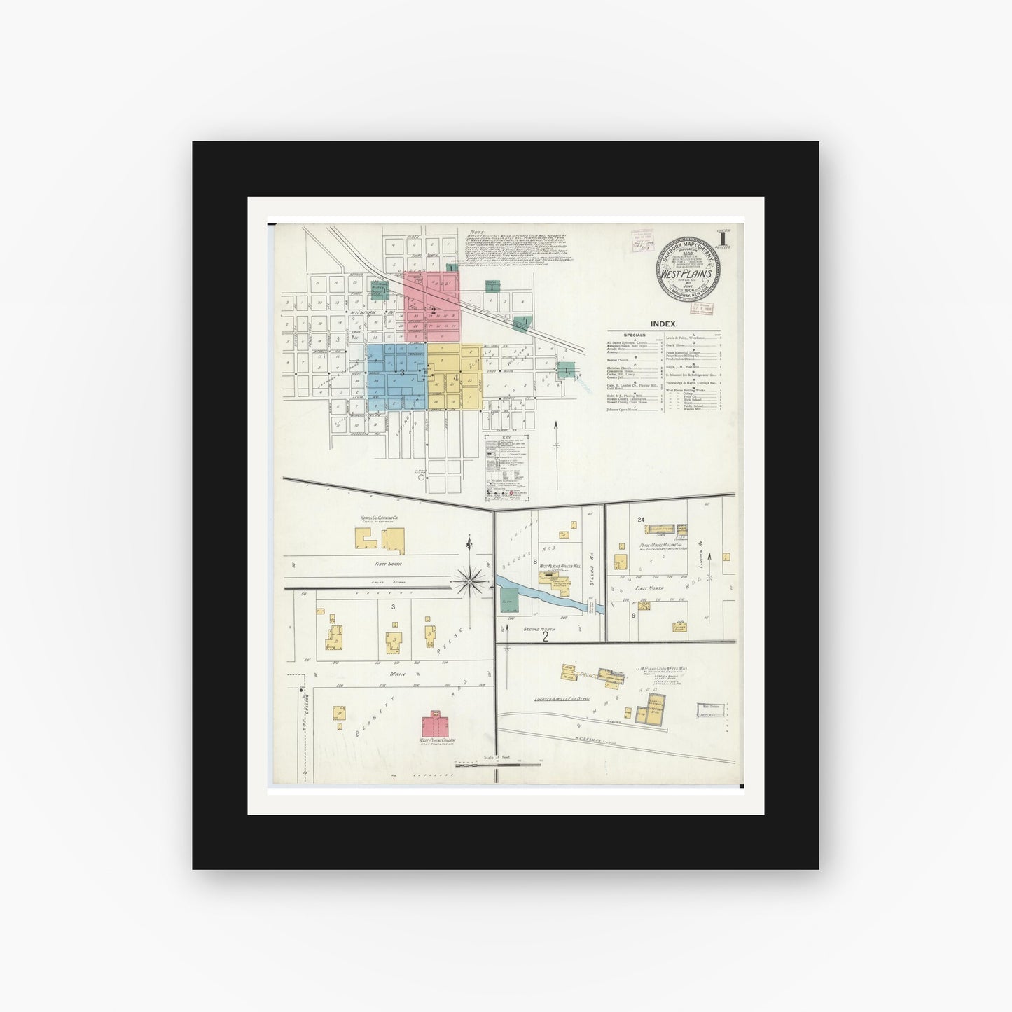 Old map wall art mockup — black gallery frame with white mat — Sanborn Fire Insurance Map from West Plains, Howell County, Missouri (1906) - Complete Map Set