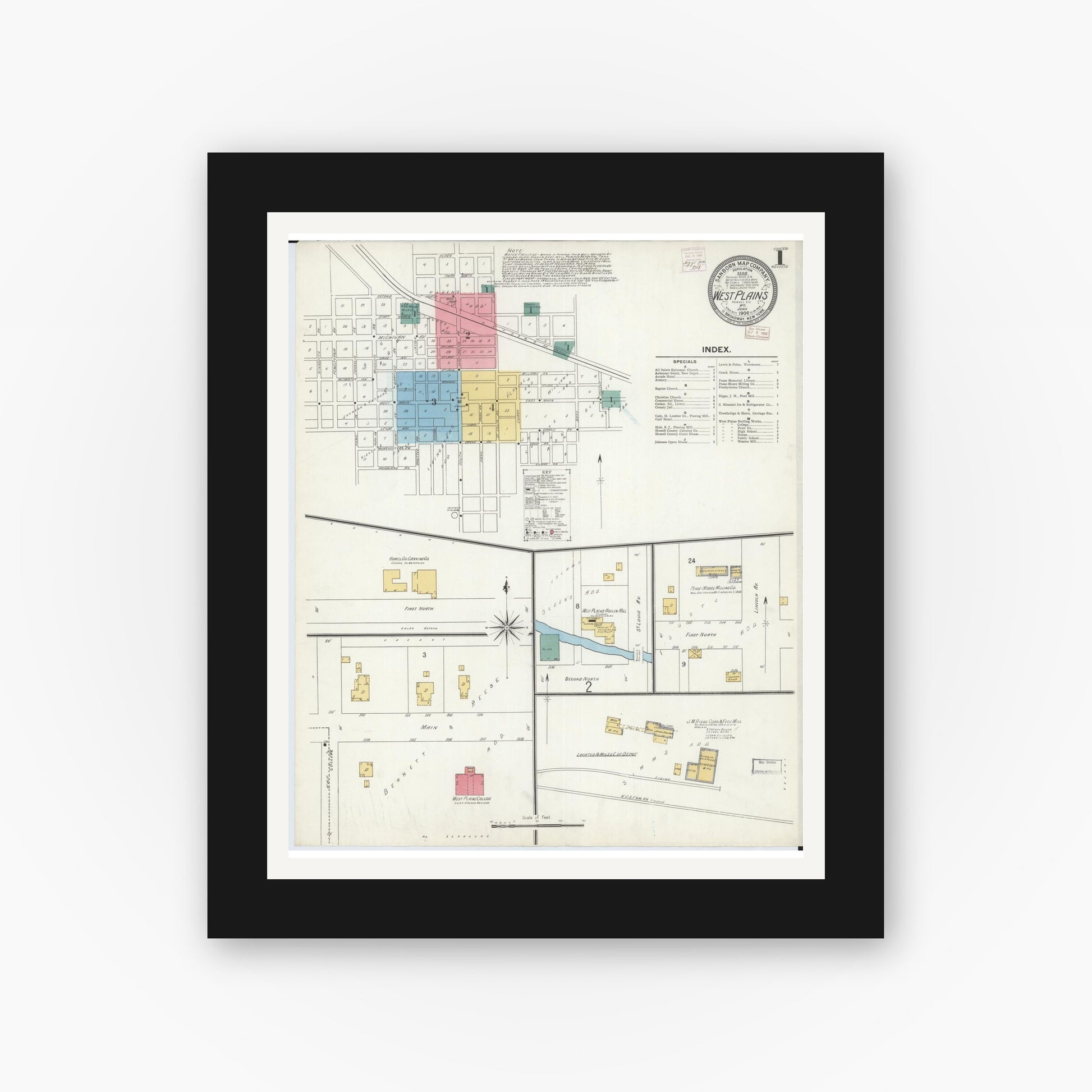Old map wall art mockup — black gallery frame with white mat — Sanborn Fire Insurance Map from West Plains, Howell County, Missouri (1906) - Complete Map Set