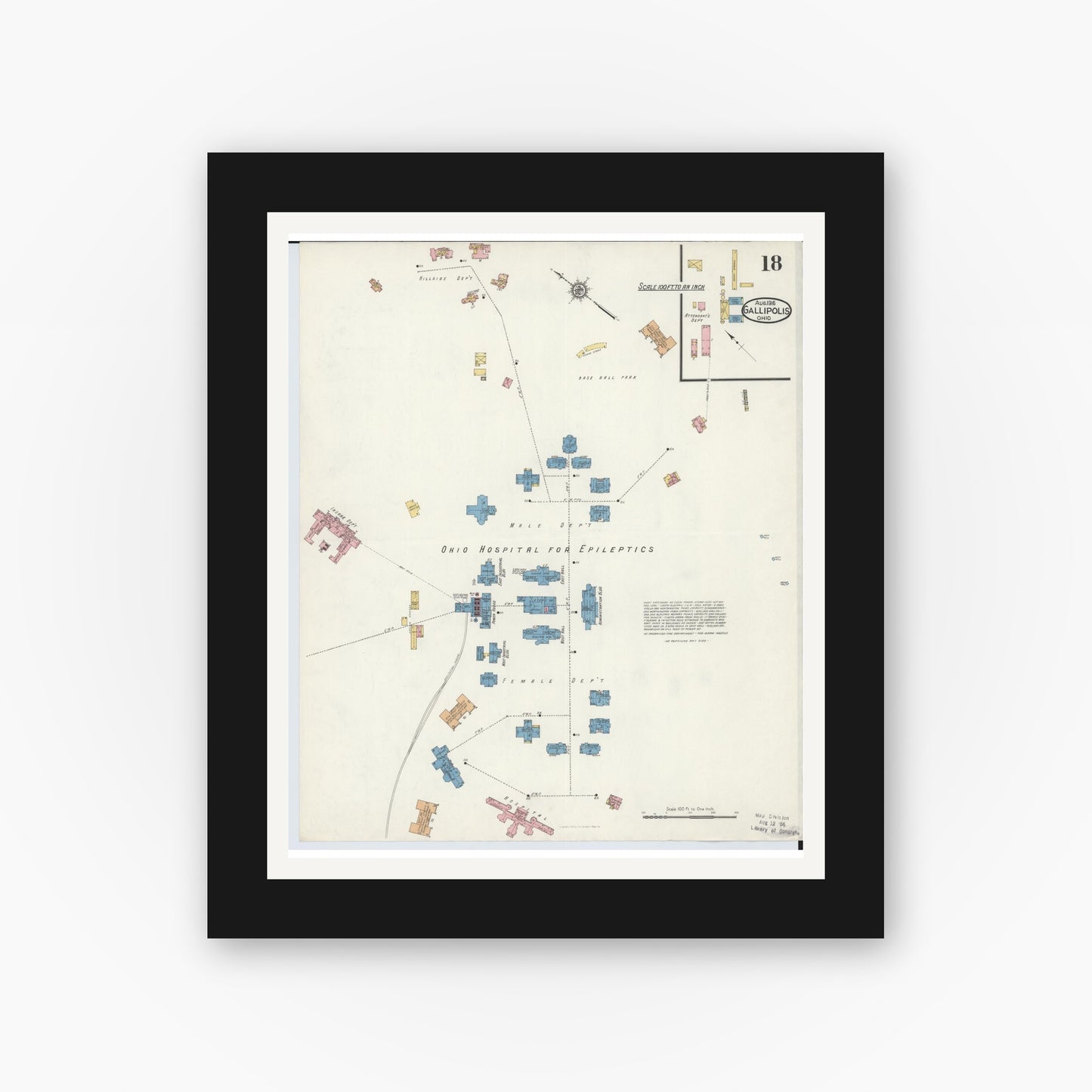 Old map wall art mockup — black gallery frame with white mat — Sanborn Fire Insurance Map from Gallipolis, Gallia County, Ohio (1916), Sheet #0018