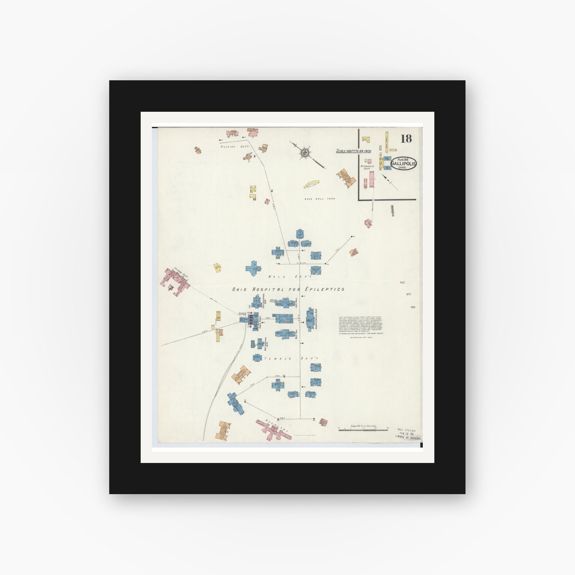 Old map wall art mockup — black gallery frame with white mat — Sanborn Fire Insurance Map from Gallipolis, Gallia County, Ohio (1916), Sheet #0018