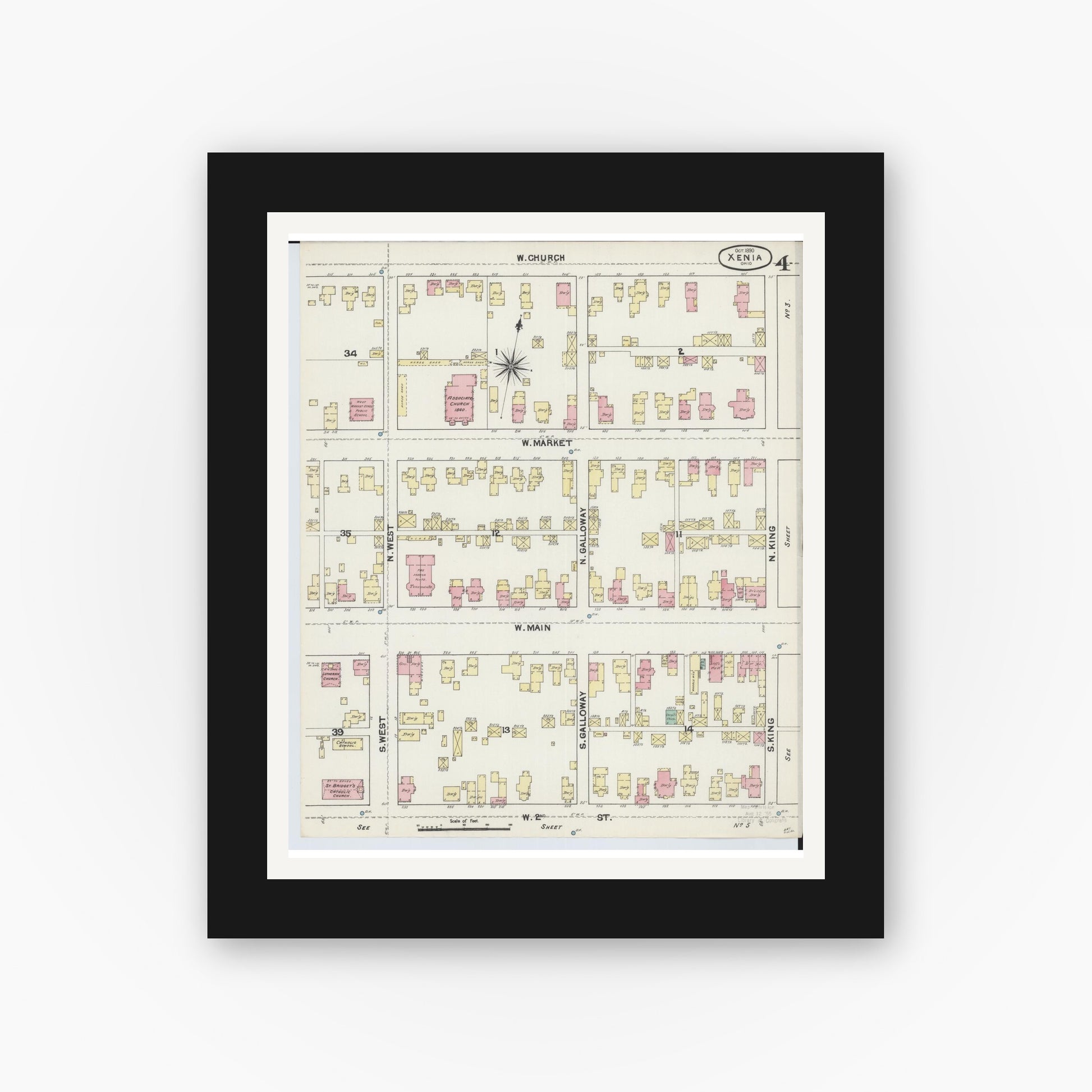 Old map wall art mockup — black gallery frame with white mat — Sanborn Fire Insurance Map from Xenia, Greene County, Ohio (1890), Sheet #0004