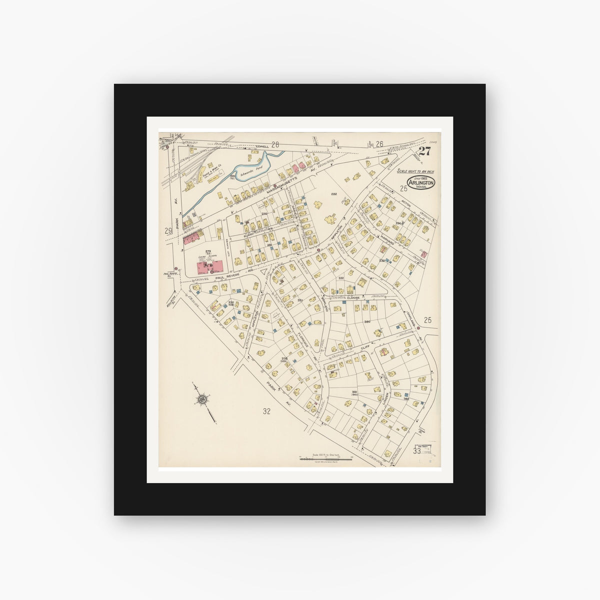 Old map wall art mockup — black gallery frame with white mat — Sanborn Fire Insurance Map from Arlington, Middlesex County, Massachusetts (1922), Sheet #0027