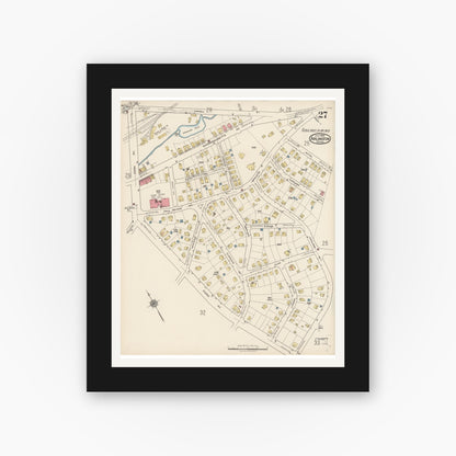 Old map wall art mockup — black gallery frame with white mat — Sanborn Fire Insurance Map from Arlington, Middlesex County, Massachusetts (1922), Sheet #0027