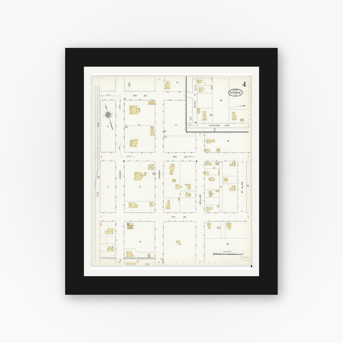 Old map wall art mockup — black gallery frame with white mat — Sanborn Fire Insurance Map from Starke, Bradford County, Florida (1912), Sheet #0004