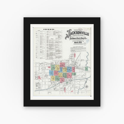Old map wall art mockup — black gallery frame with white mat — Sanborn Fire Insurance Map from Jacksonville, Morgan County, Illinois (1899), Sheet #0001