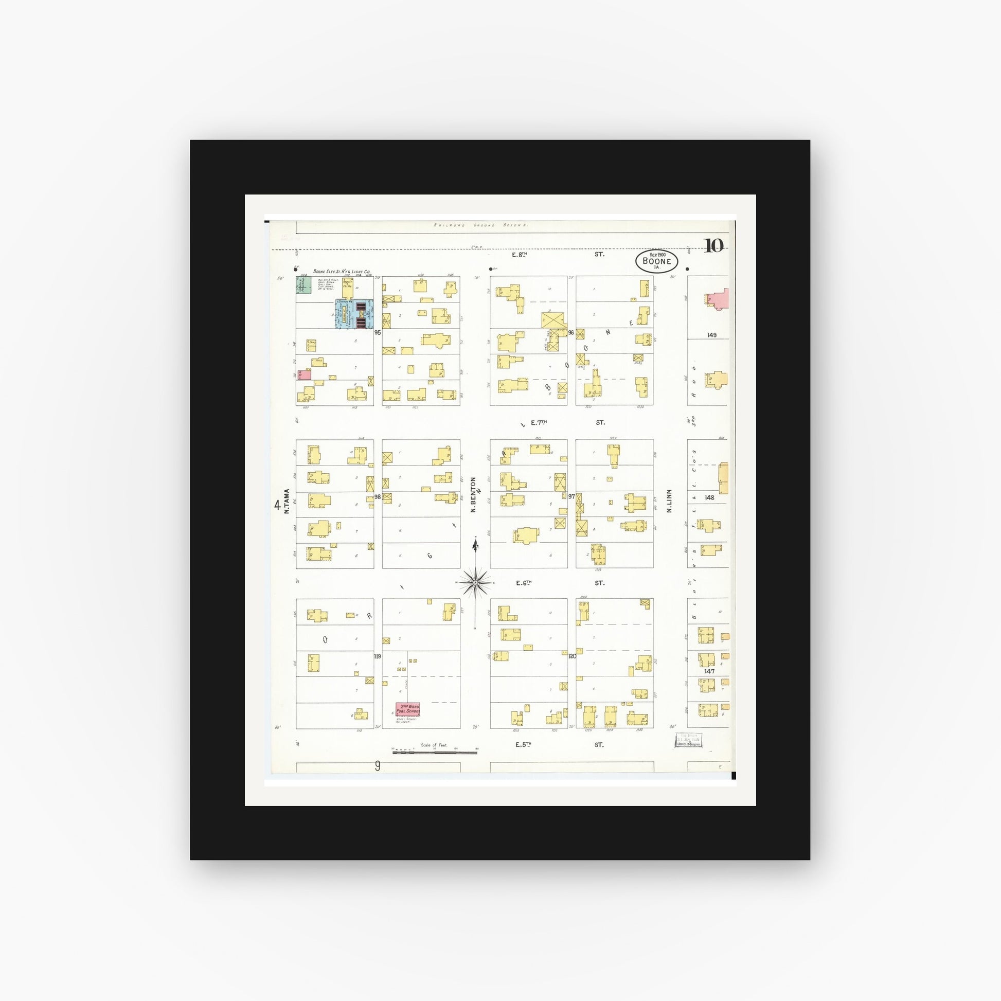 Old map wall art mockup — black gallery frame with white mat — Sanborn Fire Insurance Map from Boone, Boone County, Iowa (1900), Sheet #0010