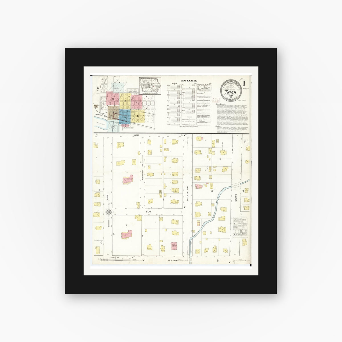 Old map wall art mockup — black gallery frame with white mat — Sanborn Fire Insurance Map from Tama, Tama County, Iowa (1915), Sheet #0001