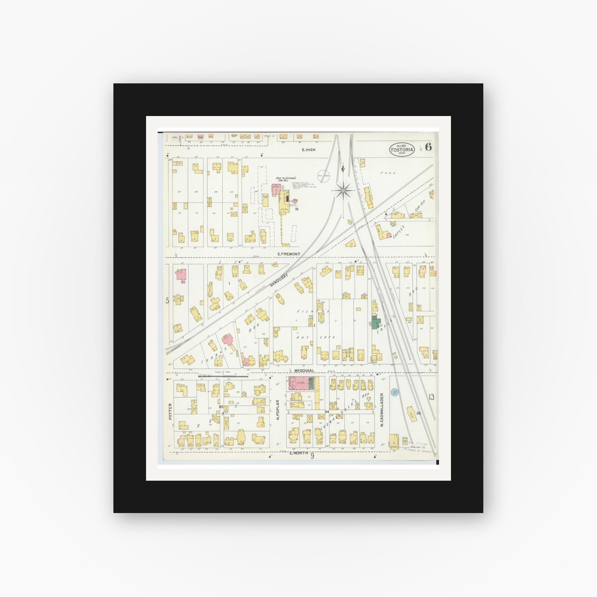 Old map wall art mockup — black gallery frame with white mat — Sanborn Fire Insurance Map from Fostoria, Seneca, Hancock, And Wood Counties, Ohio (1901), Sheet #0006