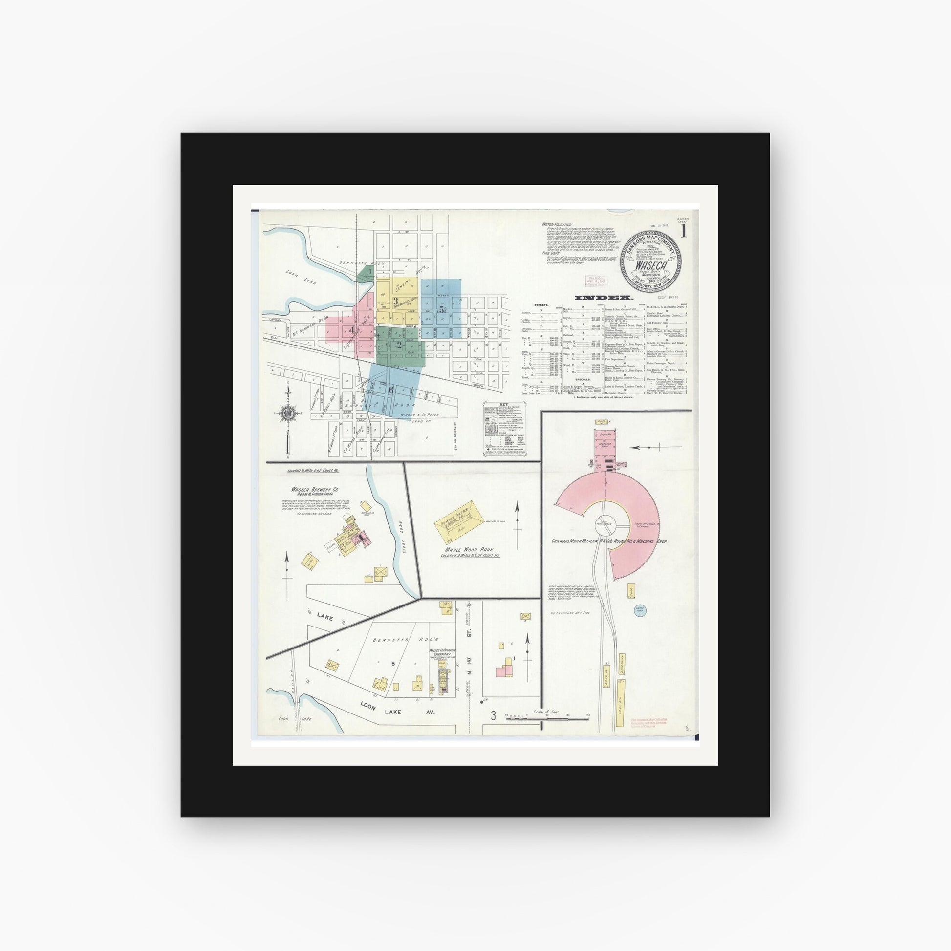 Old map wall art mockup — black gallery frame with white mat — Sanborn Fire Insurance Map from Waseca, Waseca County, Minnesota (1910) - Complete Map Set