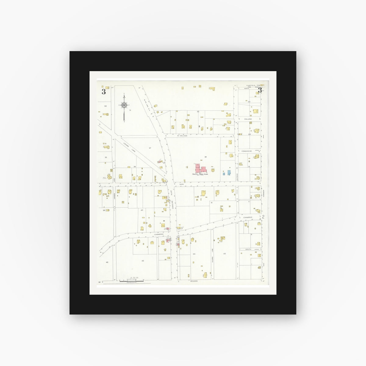 Old map wall art mockup — black gallery frame with white mat — Sanborn Fire Insurance Map from Fairfield, Freestone County, Texas (1934), Sheet #0003
