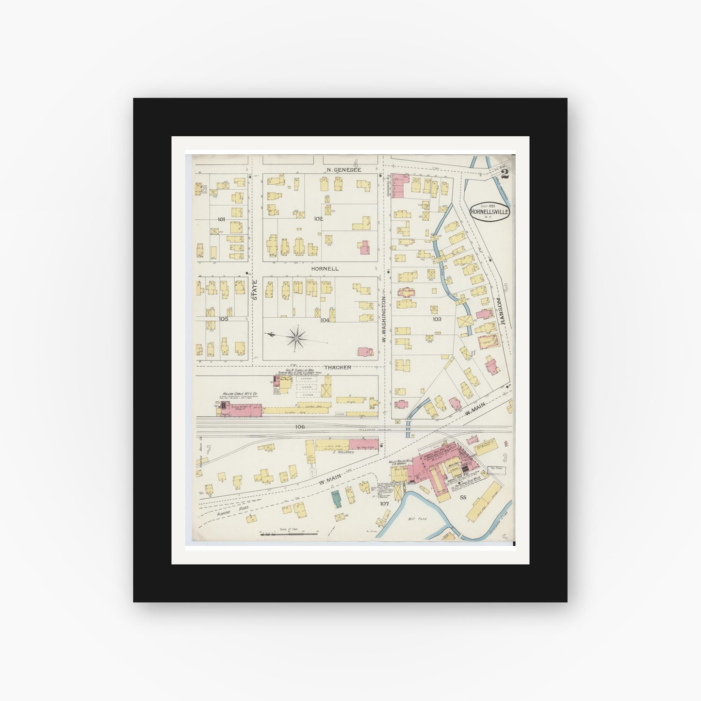 Old map wall art mockup — black gallery frame with white mat — Sanborn Fire Insurance Map from Hornell, Steuben County, New York (1893), Sheet #0002