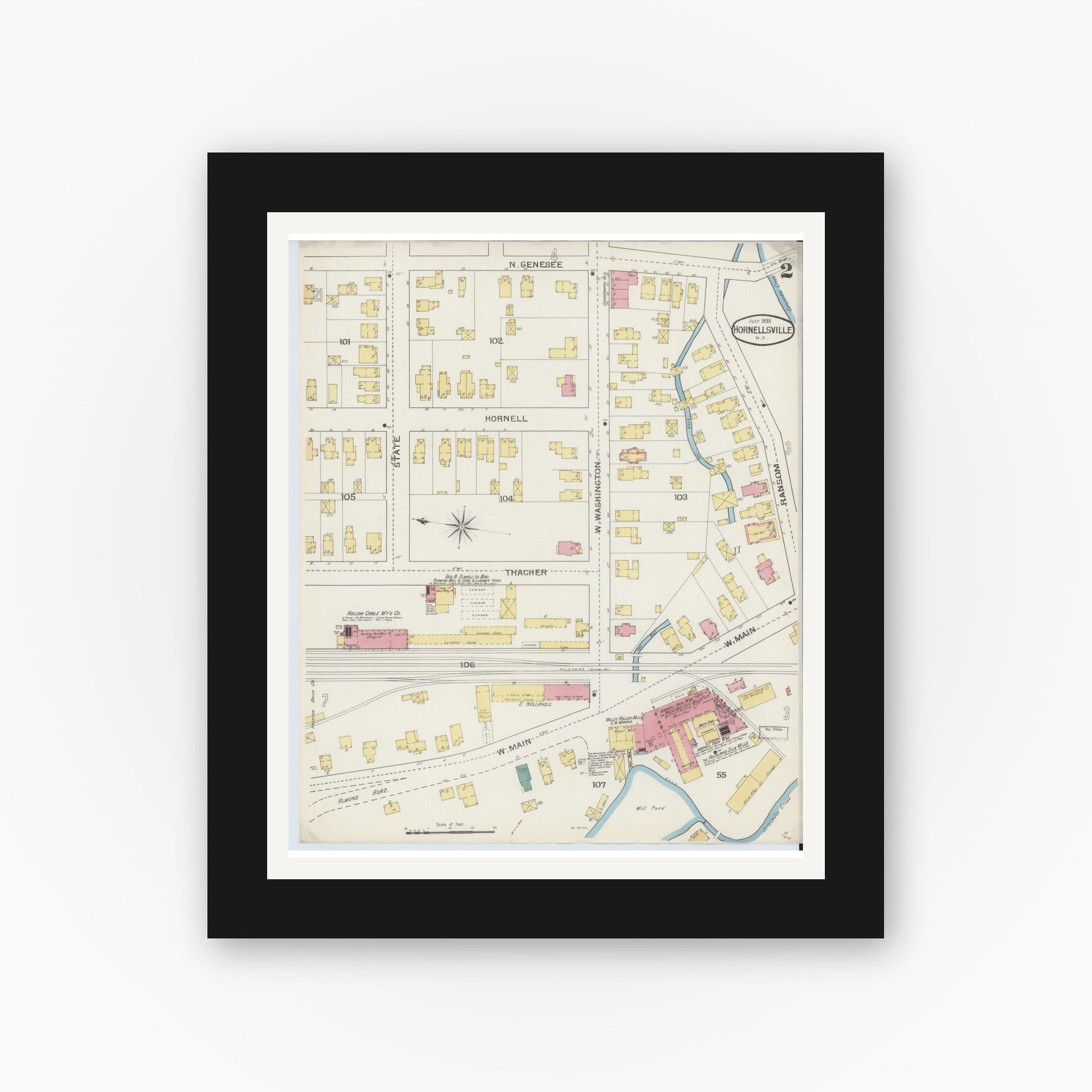 Old map wall art mockup — black gallery frame with white mat — Sanborn Fire Insurance Map from Hornell, Steuben County, New York (1893), Sheet #0002