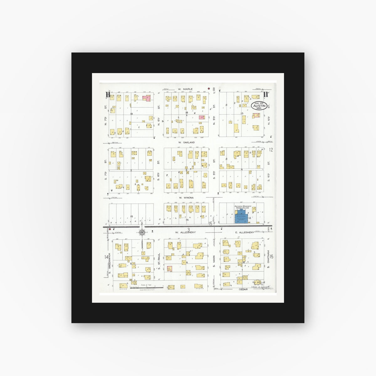 Old map wall art mockup — black gallery frame with white mat — Sanborn Fire Insurance Map from Austin, Mower County, Minnesota (1926), Sheet #0011