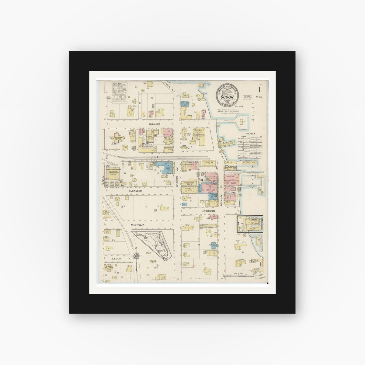 Old map wall art mockup — black gallery frame with white mat — Sanborn Fire Insurance Map from Cocoa, Brevard County, Florida (1915), Sheet #0001
