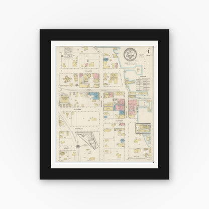 Old map wall art mockup — black gallery frame with white mat — Sanborn Fire Insurance Map from Cocoa, Brevard County, Florida (1915), Sheet #0001