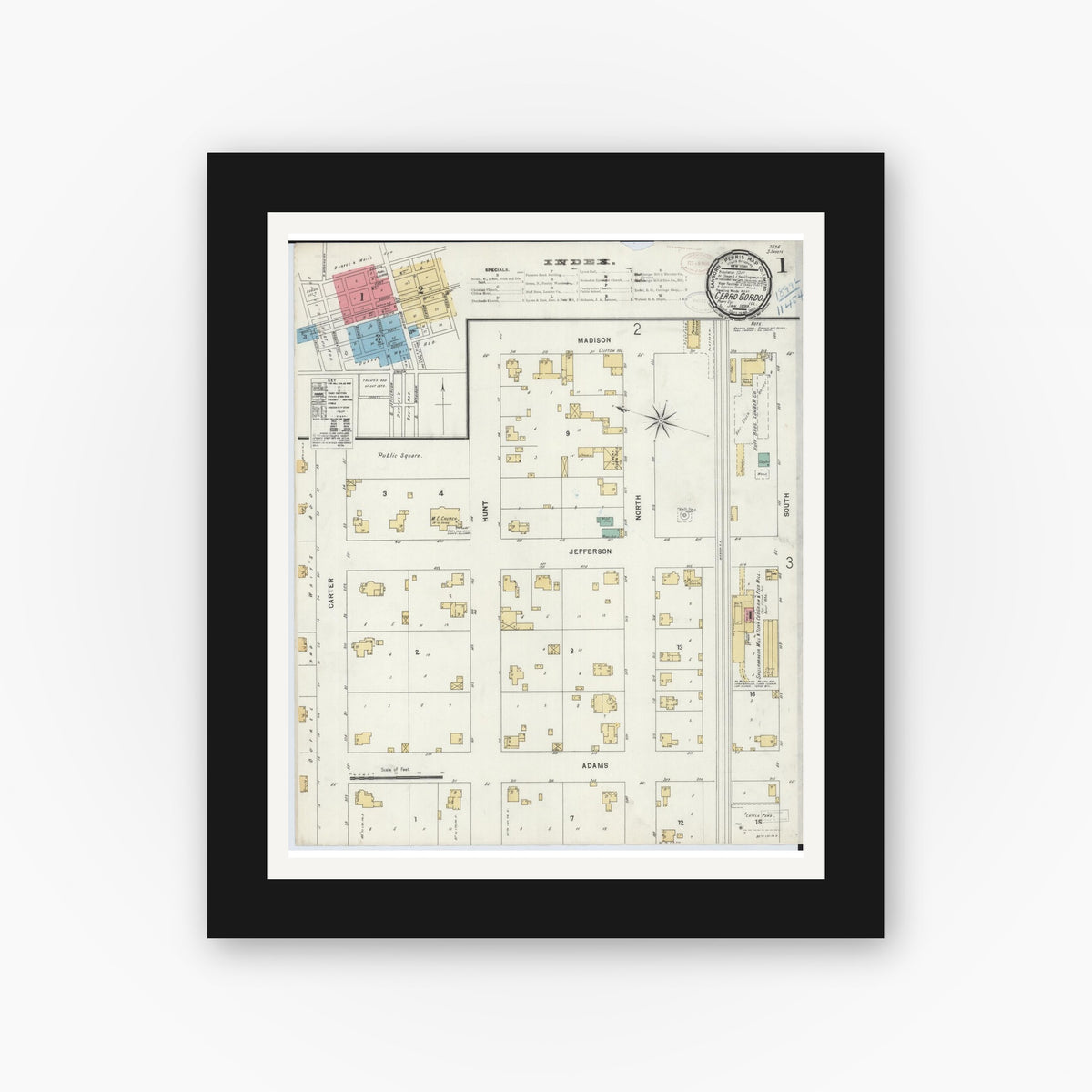 Old map wall art mockup — black gallery frame with white mat — Sanborn Fire Insurance Map from Cerro Gordo, Piatt County, Illinois (1899) - Complete Map Set