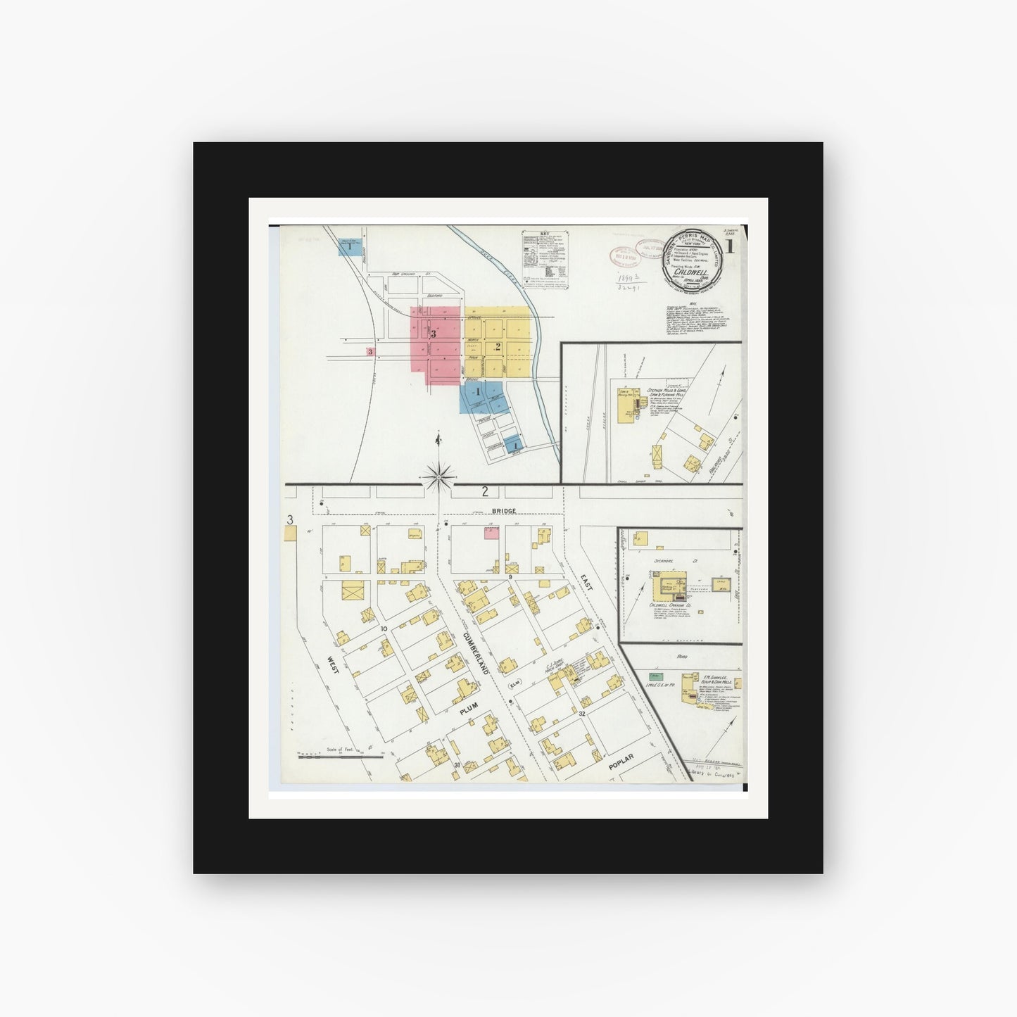 Old map wall art mockup — black gallery frame with white mat — Sanborn Fire Insurance Map from Caldwell, Noble County, Ohio (1899) - Complete Map Set