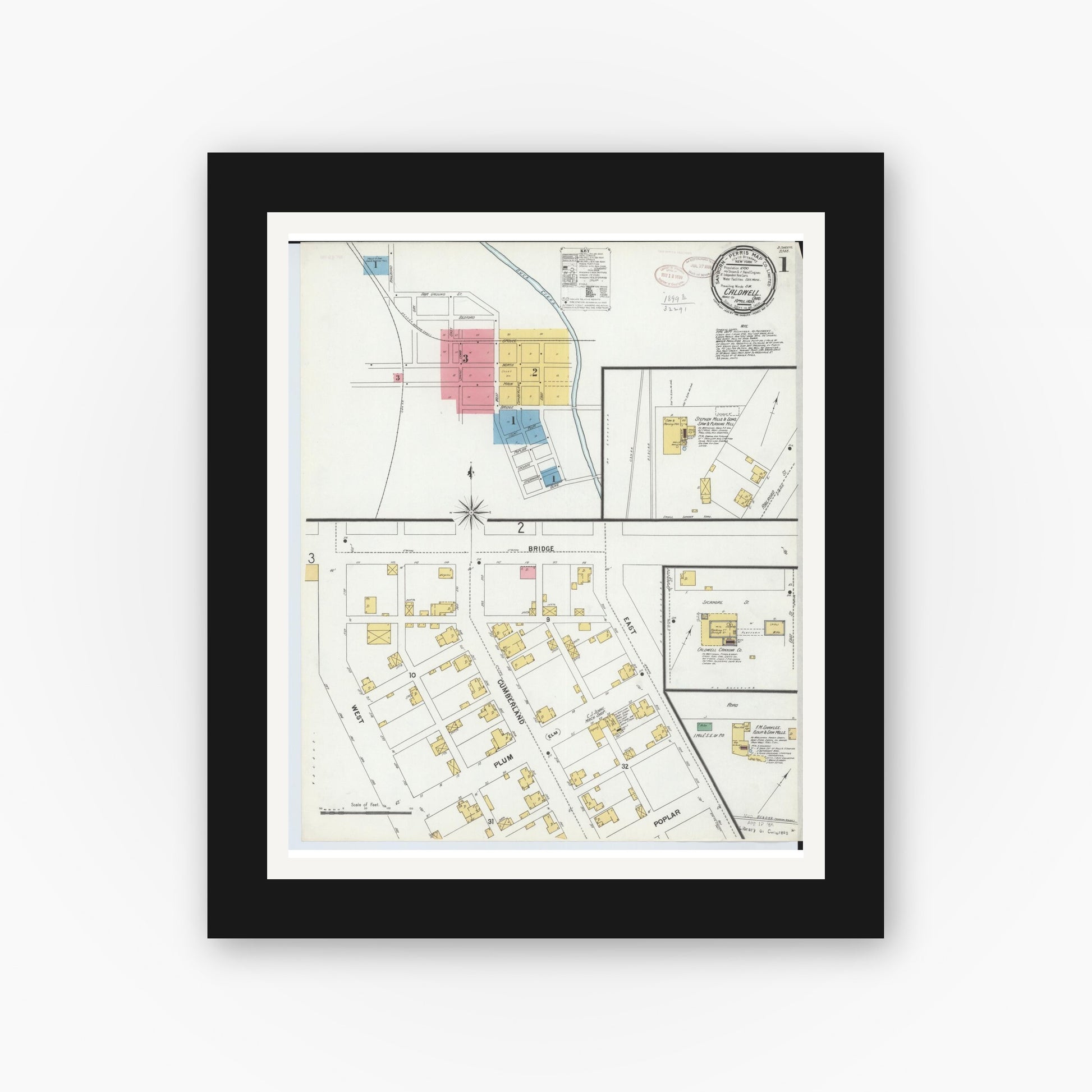 Old map wall art mockup — black gallery frame with white mat — Sanborn Fire Insurance Map from Caldwell, Noble County, Ohio (1899) - Complete Map Set
