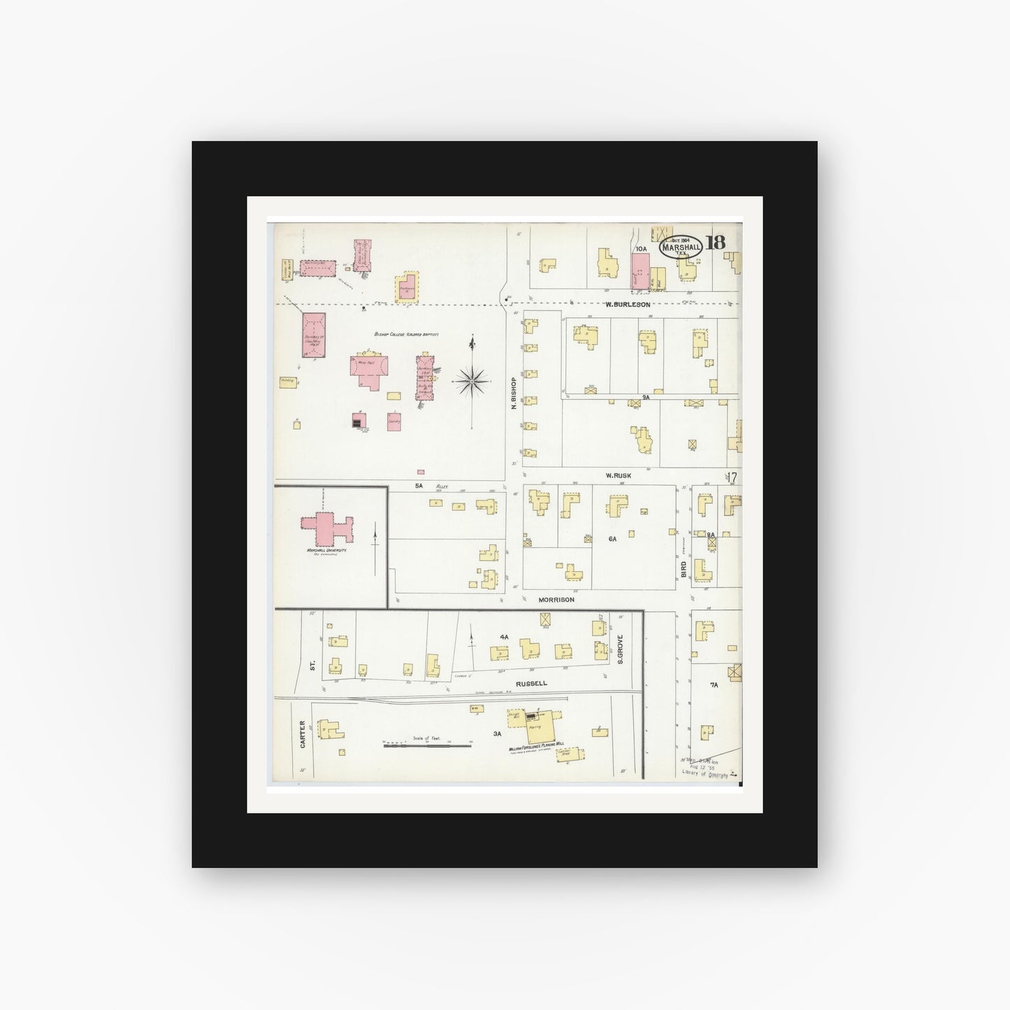 Old map wall art mockup — black gallery frame with white mat — Sanborn Fire Insurance Map from Marshall, Harrison County, Texas (1904), Sheet #0018