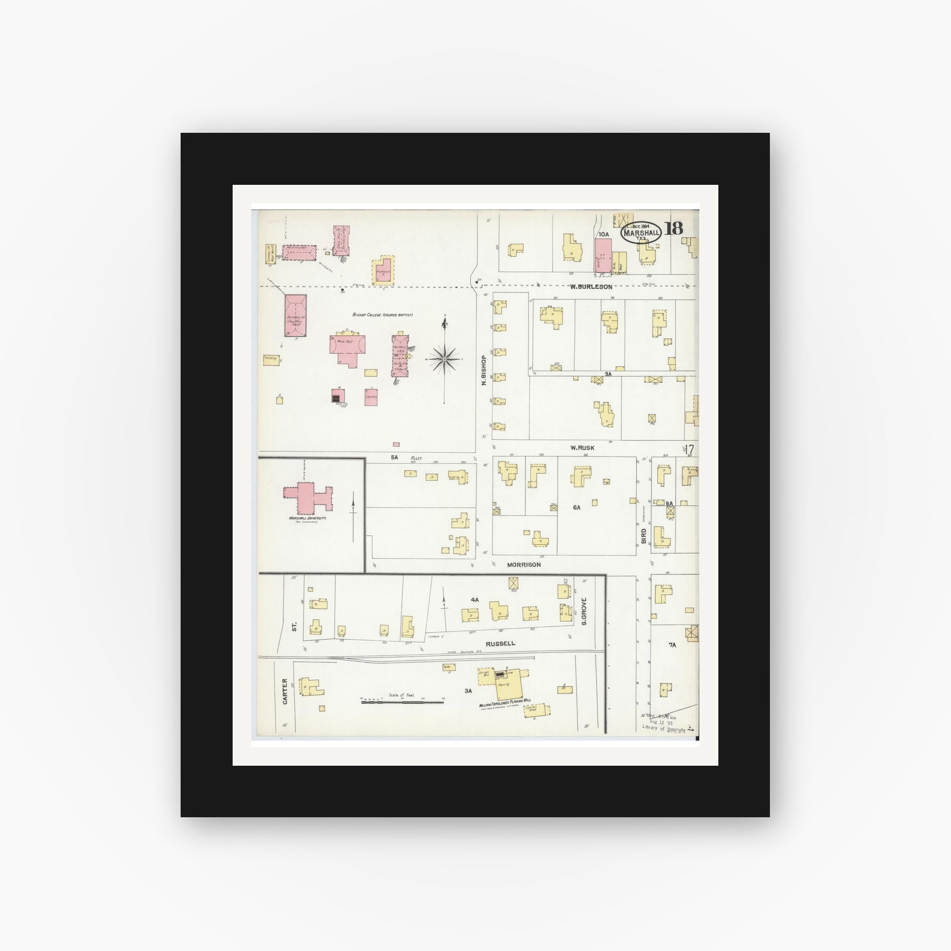 Old map wall art mockup — black gallery frame with white mat — Sanborn Fire Insurance Map from Marshall, Harrison County, Texas (1904), Sheet #0018