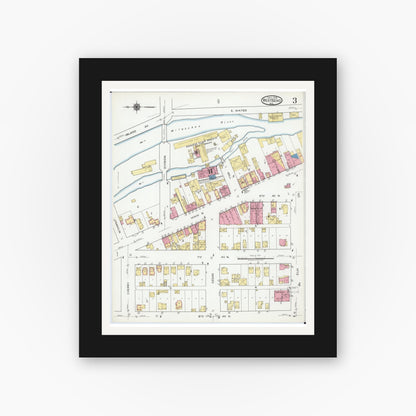 Old map wall art mockup — black gallery frame with white mat — Sanborn Fire Insurance Map from West Bend, Washington County, Wisconsin (1919), Sheet #0003