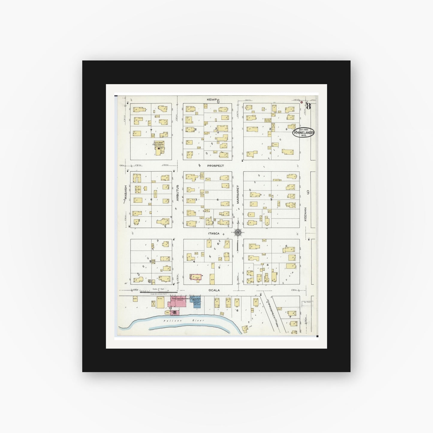 Old map wall art mockup — black gallery frame with white mat — Sanborn Fire Insurance Map from Rhinelander, Oneida County, Wisconsin (1920), Sheet #0008