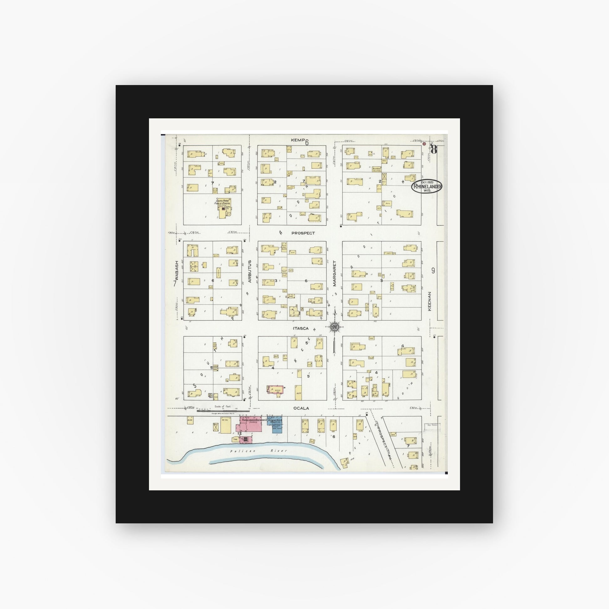 Old map wall art mockup — black gallery frame with white mat — Sanborn Fire Insurance Map from Rhinelander, Oneida County, Wisconsin (1920), Sheet #0008