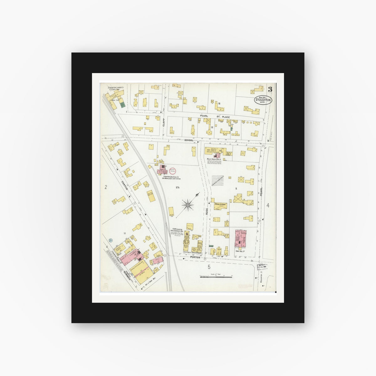 Old map wall art mockup — black gallery frame with white mat — Sanborn Fire Insurance Map from Stoughton, Norfolk County, Massachusetts (1901), Sheet #0003