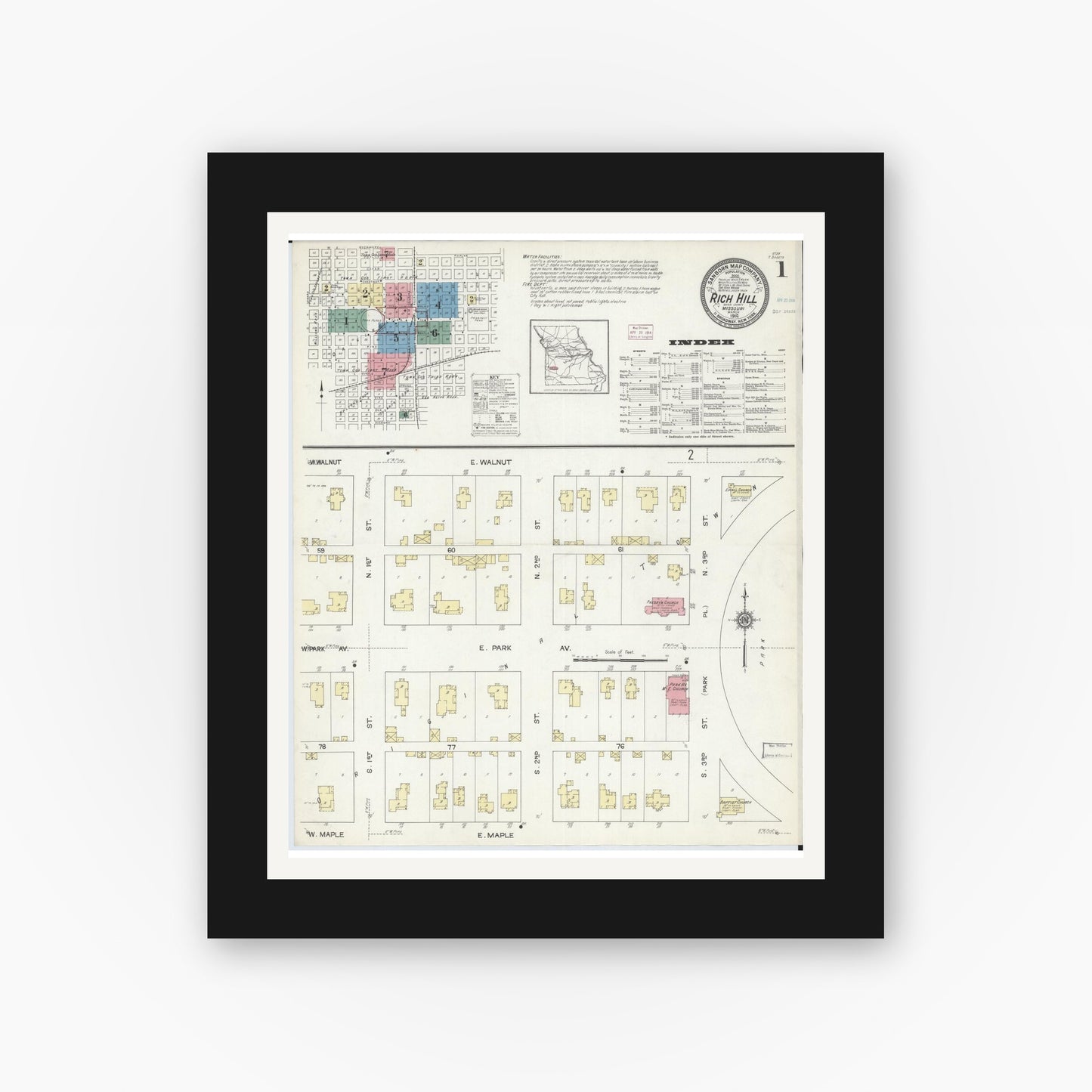 Old map wall art mockup — black gallery frame with white mat — Sanborn Fire Insurance Map from Rich Hill, Bates County, Missouri (1914) - Complete Map Set