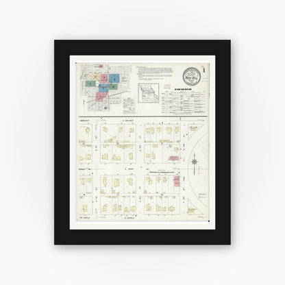 Old map wall art mockup — black gallery frame with white mat — Sanborn Fire Insurance Map from Rich Hill, Bates County, Missouri (1914) - Complete Map Set