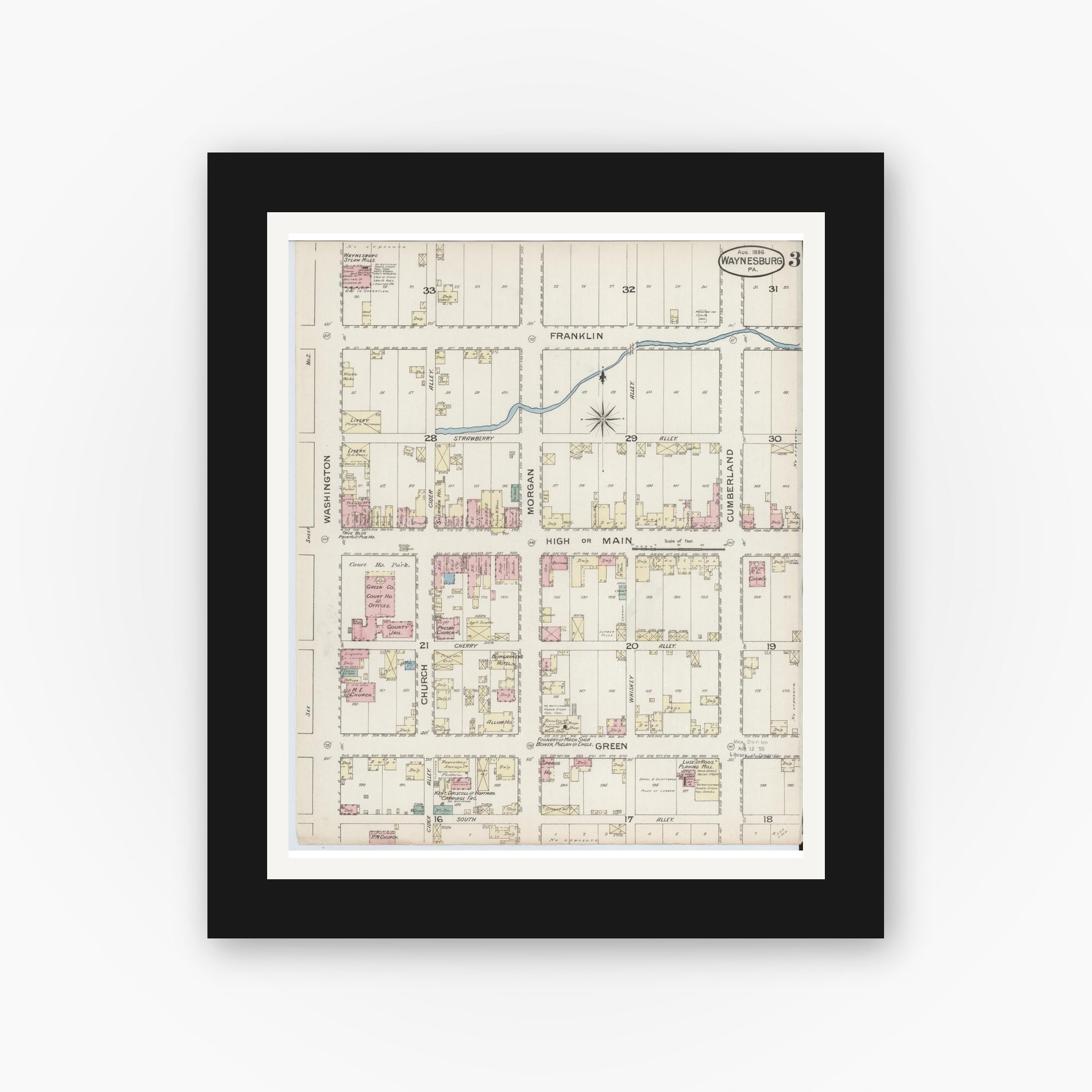 Old map wall art mockup — black gallery frame with white mat — Sanborn Fire Insurance Map from Waynesburg, Greene County, Pennsylvania (1886), Sheet #0003