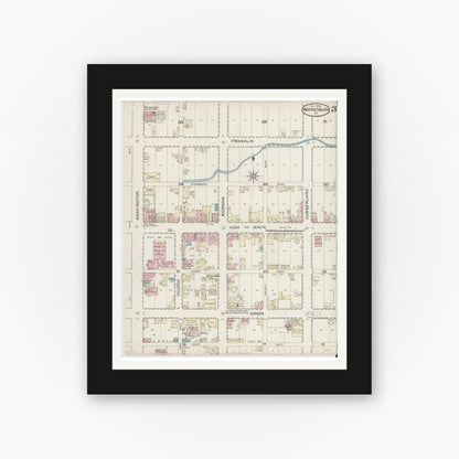 Old map wall art mockup — black gallery frame with white mat — Sanborn Fire Insurance Map from Waynesburg, Greene County, Pennsylvania (1886), Sheet #0003