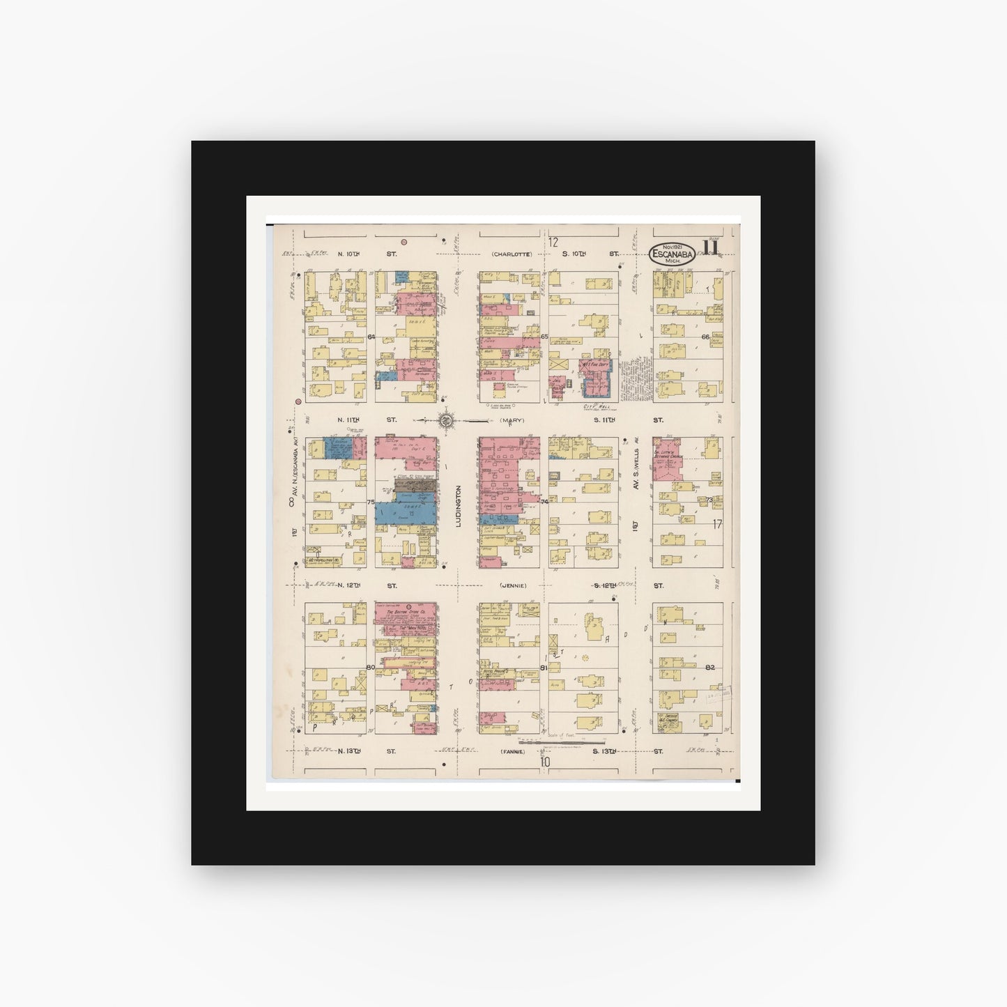 Old map wall art mockup — black gallery frame with white mat — Sanborn Fire Insurance Map from Escanaba, Delta County, Michigan (1921), Sheet #0011