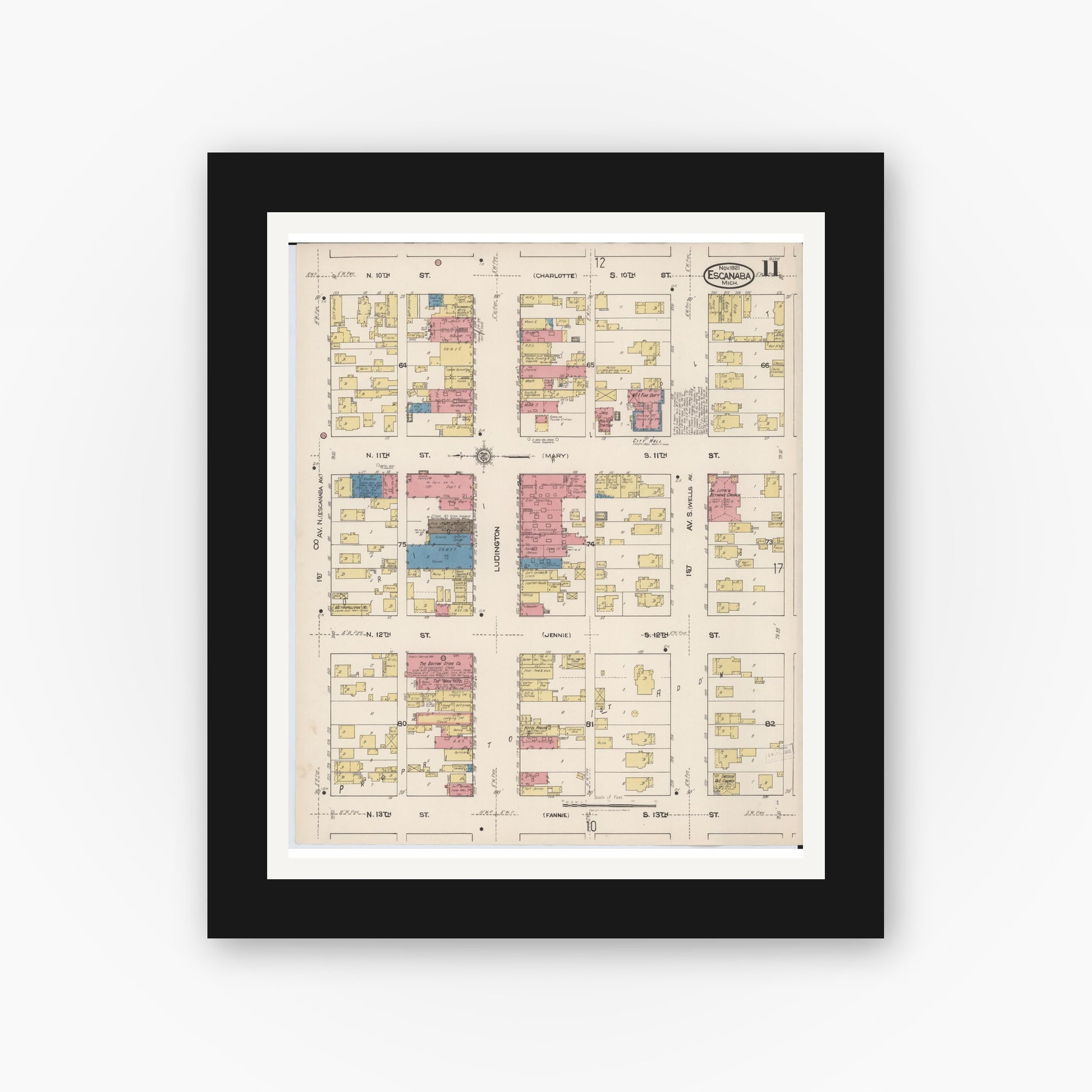 Old map wall art mockup — black gallery frame with white mat — Sanborn Fire Insurance Map from Escanaba, Delta County, Michigan (1921), Sheet #0011