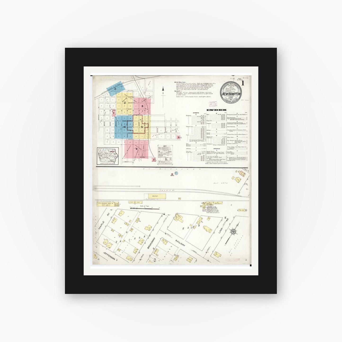 Old map wall art mockup — black gallery frame with white mat — Sanborn Fire Insurance Map from New Hampton, Chickasaw County, Iowa (1913) â€” Complete Set