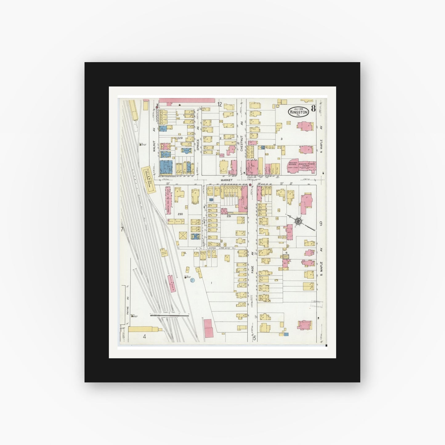 Old map wall art mockup — black gallery frame with white mat — Sanborn Fire Insurance Map from Kingston, Luzerne County, Pennsylvania (1919), Sheet #0008