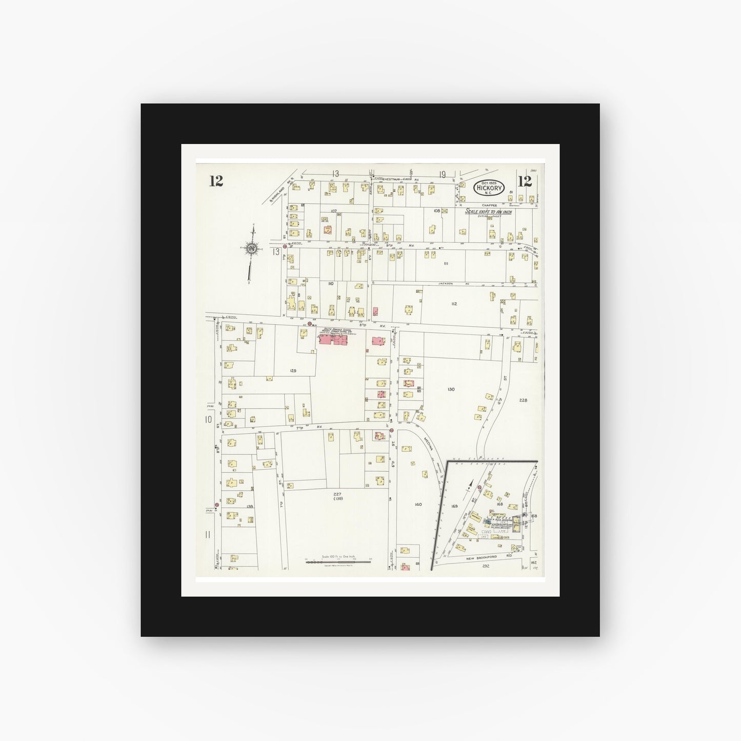 Old map wall art mockup — black gallery frame with white mat — Sanborn Fire Insurance Map from Hickory, Catawba County, North Carolina (1925), Sheet #0012